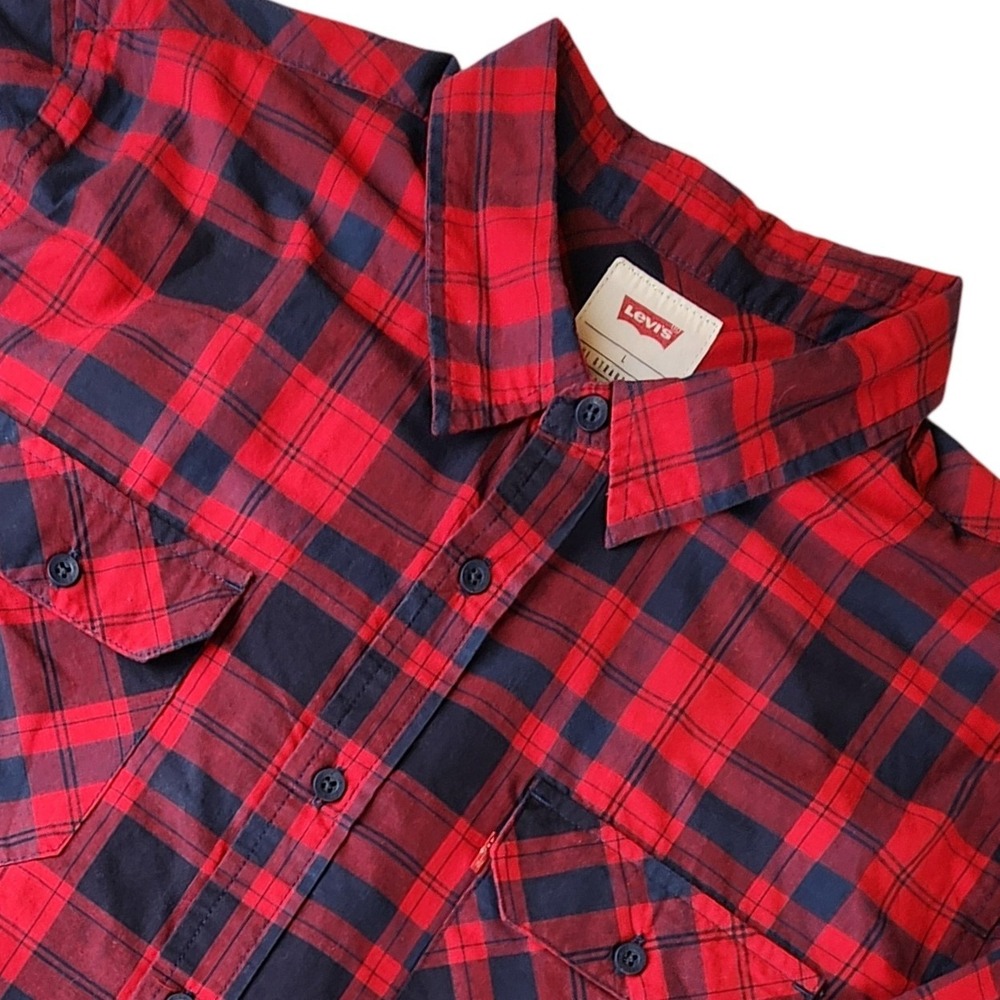 Levis Mens L Red Navy Blue Plaid Flannel Button Down Shirt Large